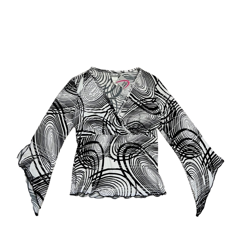 Vtg Rave Swirl Bell Sleeve Top V-Neck M deadstock nwt Black White boho artsy